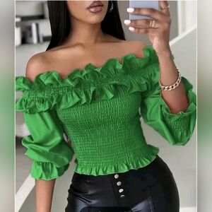 Green Off-Shoulder Ruffle Top